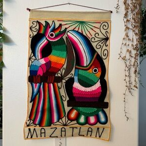 Vintage Mazatlan Mexico Parrot Toucan Textile Wall Hanging Folk Art Tapestry